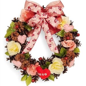 Handmade Pinecone Valentine's Day Wreath with Roses, Hearts, and Bow